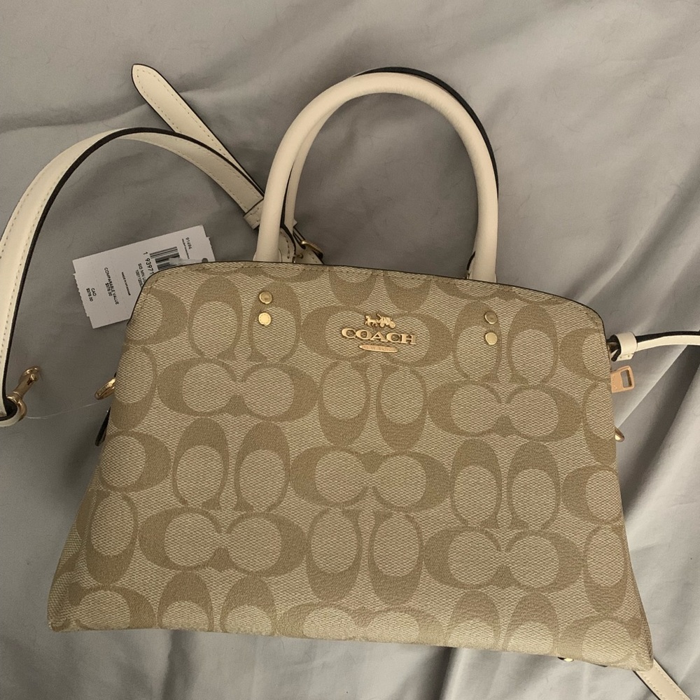 NWT coach mini lillie carryall in signature khaki and white